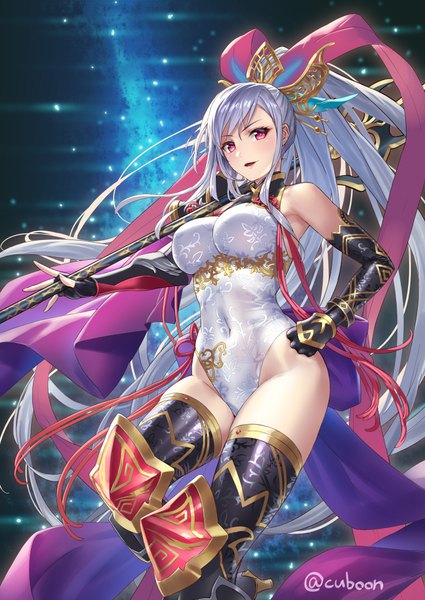 Anime picture 752x1062 with sangokushi taisen mismi single tall image looking at viewer fringe breasts open mouth light erotic holding signed silver hair bent knee (knees) ponytail very long hair pink eyes twitter username covered navel weapon over shoulder girl