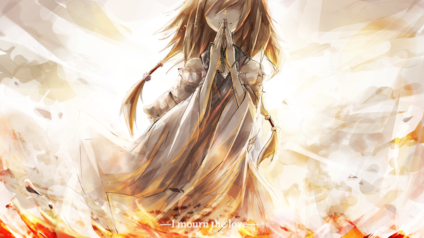 Anime picture 3840x2160 with original riburanomind single long hair highres blonde hair smile wide image standing twintails absurdres long sleeves wide sleeves no face praying girl fire flame