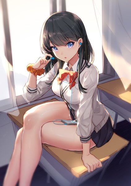 Anime picture 1000x1415 with gridman universe ssss.gridman studio trigger takarada rikka bison cangshu single long hair tall image looking at viewer blush fringe breasts blue eyes black hair sitting holding indoors parted lips pleated skirt blurry