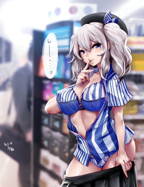 Anime picture 1153x1496 with kantai collection lawson kashima training cruiser souryu single long hair tall image looking at viewer breasts blue eyes light erotic large breasts white hair inscription open shirt hieroglyph finger to mouth girl uniform underwear