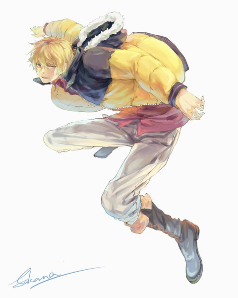 Anime picture 1512x1890 with zetsuen no tempest studio bones fuwa mahiro yuukaku single tall image short hair simple background blonde hair red eyes white background open clothes open jacket lacing jumping boy earrings shirt jacket boots