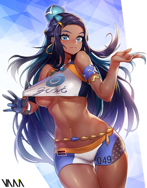Anime picture 1200x1535 with pokemon pokemon (game) pokemon swsh nintendo nessa (pokemon) vana single long hair tall image looking at viewer blush breasts blue eyes light erotic black hair simple background standing bare shoulders signed multicolored hair