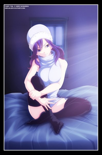Anime picture 1818x2754 with fairy tail juvia lockser ornav single long hair tall image highres blue eyes smile purple hair sunlight coloring framed girl thighhighs black thighhighs window bed sweater cap