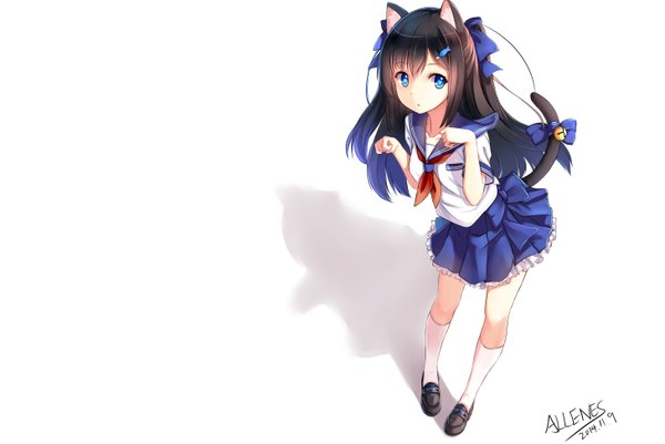 Anime picture 5826x3897 with original allenes single long hair looking at viewer highres blue eyes black hair white background animal ears absurdres tail animal tail cat ears shadow cat girl cat tail girl skirt uniform