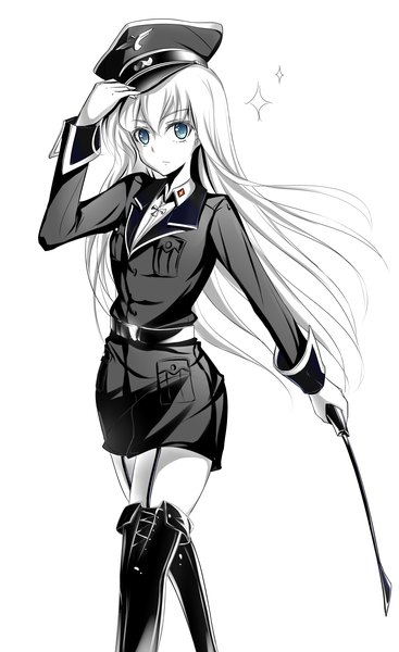 Anime picture 2450x4000 with daiteikoku retia adolf phantania single long hair tall image looking at viewer fringe highres simple background standing white background white hair aqua eyes pale skin girl uniform boots belt cross