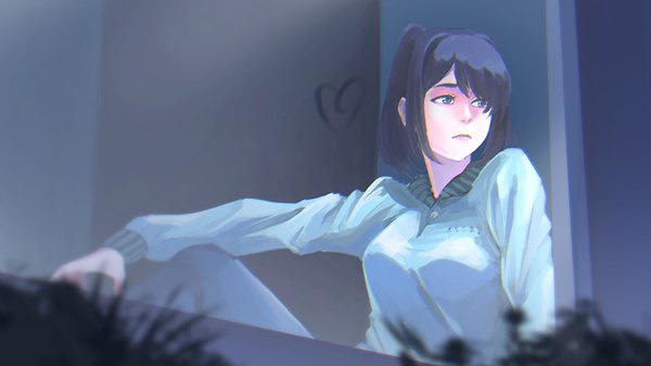 Anime picture 1280x720 with yandere simulator yandere-chan shyua single fringe short hair blue eyes black hair hair between eyes wide image sitting looking away indoors long sleeves black eyes sad girl window heart pants