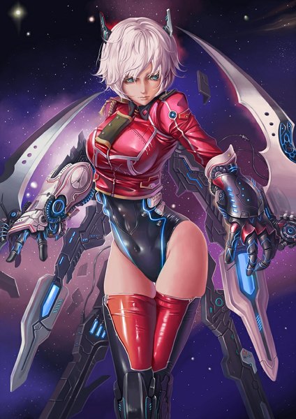 Anime picture 744x1053 with galaxy dungeon dantewontdie single tall image short hair light erotic pink hair aqua eyes lips night night sky mecha musume girl thighhighs star (stars) pilot suit