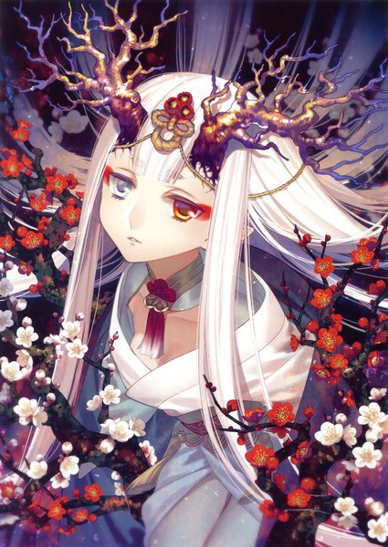 Anime picture 2337x3300 with original eshi 100-nin ten yone kazuki single tall image highres looking away white hair very long hair traditional clothes japanese clothes horn (horns) from above pointy ears scan heterochromia eyebrows eyeshadow girl hair ornament