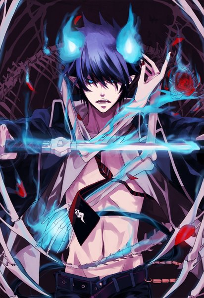Anime picture 1031x1500 with ao no exorcist a-1 pictures okumura rin sakura ku tall image blue eyes blue hair pointy ears hug skeleton boy petals sword rose (roses) flame