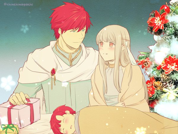 Anime picture 2666x2000 with fire emblem fire emblem: the blazing blade fire emblem: the binding blade nintendo ninian (fire emblem) roy (fire emblem) eliwood (fire emblem) nishimura (shinchinagachi) long hair blush highres short hair blonde hair green eyes signed red hair multiple boys orange eyes twitter username turning head