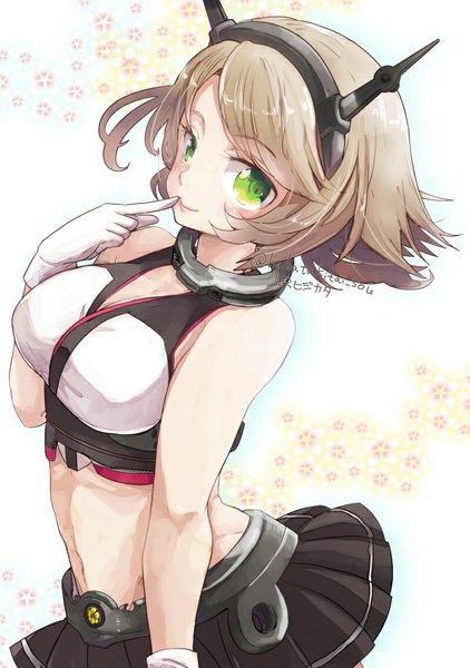 Anime picture 800x1136 with kantai collection mutsu battleship lr hijikata single tall image looking at viewer blush fringe short hair breasts smile brown hair large breasts standing green eyes pleated skirt bare belly finger to mouth girl skirt
