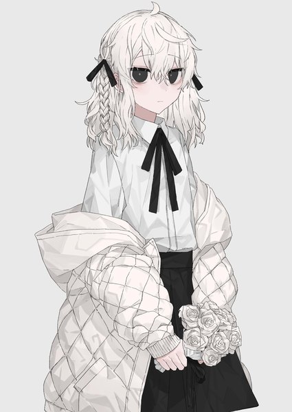 Anime picture 2508x3541 with original rairyuu single long hair tall image looking at viewer fringe highres simple background hair between eyes holding white hair braid (braids) long sleeves black eyes off shoulder grey background expressionless girl skirt
