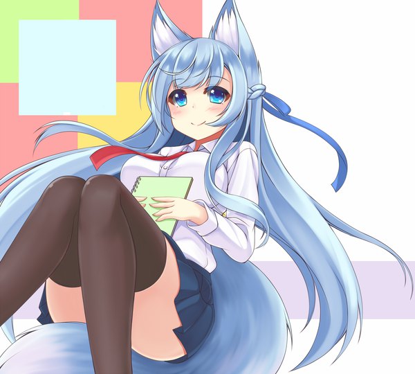 Anime picture 2000x1800 with original sogaya single long hair looking at viewer blush highres breasts blue eyes light erotic smile large breasts sitting holding animal ears blue hair tail animal tail zettai ryouiki fox ears