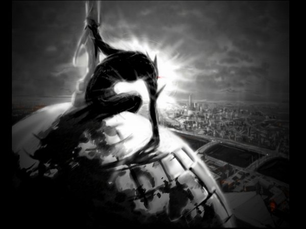 Anime picture 1065x798 with guilty gear eddie single sitting holding sky cloud (clouds) from above city monochrome cityscape glow boy building (buildings) robot bridge