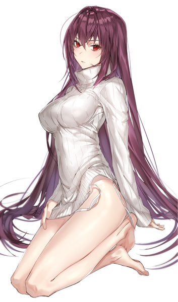 Anime picture 953x1616 with fate (series) fate/grand order scathach (fate) (all) scathach (fate) myo ne single tall image looking at viewer blush fringe breasts light erotic simple background hair between eyes red eyes brown hair white background sitting payot full body