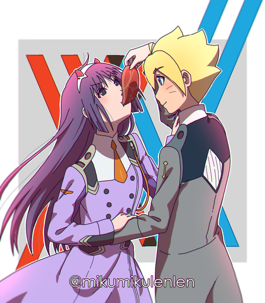 Anime picture 1200x1371 with naruto darling in the franxx studio pierrot naruto (series) studio trigger uzumaki boruto kakei sumire ariamikukanzaki long hair tall image blush fringe short hair blue eyes blonde hair smile hair between eyes standing purple eyes holding