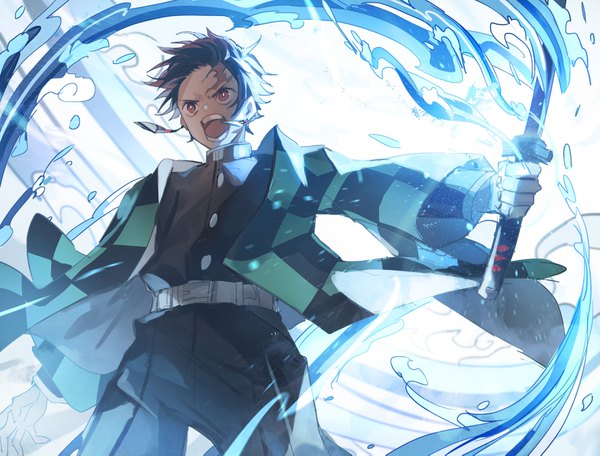 Anime picture 3716x2830 with kimetsu no yaiba ufotable kamado tanjirou tsugutoku single highres short hair open mouth red eyes brown hair looking away absurdres traditional clothes japanese clothes teeth scar checkered screaming boy uniform