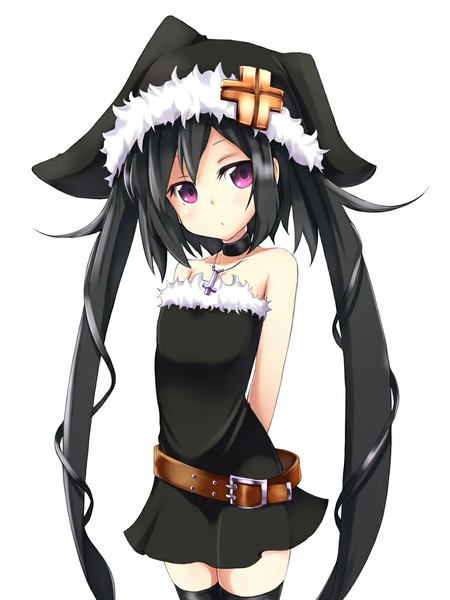 Anime picture 896x1194 with original note-chan amano kouki single tall image blush black hair simple background hair between eyes white background purple eyes twintails looking away very long hair hands behind back girl thighhighs black thighhighs choker necklace