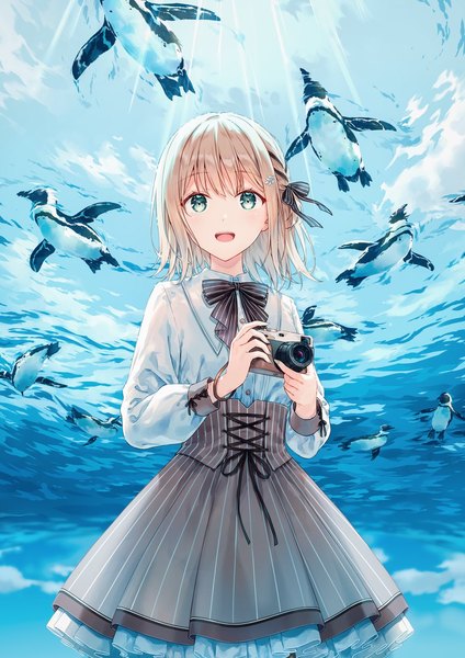 Anime picture 1000x1414 with original hiten (hitenkei) single tall image blush fringe short hair open mouth blue eyes blonde hair standing holding looking away sky cloud (clouds) upper body long sleeves :d sunlight striped