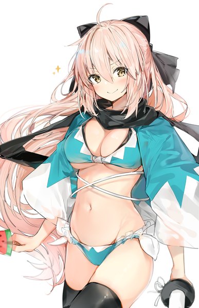 Anime picture 1485x2298 with fate (series) fate/grand order okita souji (fate) (all) okita souji (koha-ace) silver (chenwen) single long hair tall image looking at viewer blush fringe breasts light erotic simple background smile hair between eyes standing white background holding brown eyes