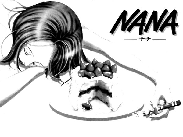 Anime picture 1280x960 with nana madhouse osaki nana short hair black hair simple background holding lying eyes closed lips inscription monochrome on stomach food sweets berry (berries) cake strawberry fork