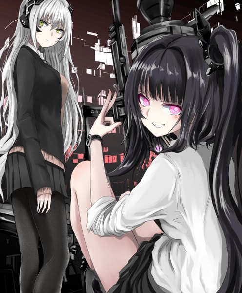 Anime picture 4124x4984 with girls frontline architect (girls frontline) gager (girls frontline) kamatama long hair tall image looking at viewer fringe highres black hair smile hair between eyes standing sitting twintails multiple girls green eyes payot looking away absurdres