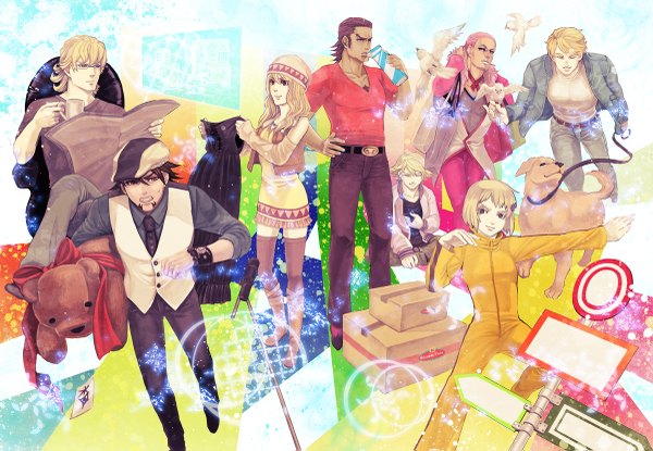 Anime picture 1200x831 with tiger & bunny sunrise (studio) kaburagi t. kotetsu barnaby brooks jr. keith goodman karina lyle pao-lin huang antonio lopez nathan seymour iduhara short hair blonde hair multiple girls pink hair purple hair multiple boys hand on hip group 6+ boys everyone