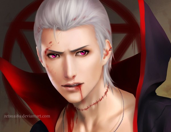 Anime picture 1374x1062 with naruto studio pierrot naruto (series) hidan zetsuai89 single short hair open mouth signed pink eyes grey hair realistic scar close-up face akatsuki boy blood