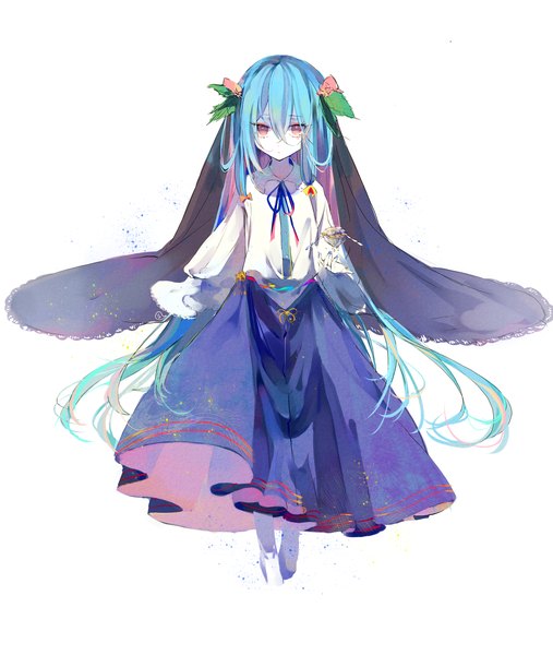 Anime picture 2448x2900 with touhou hinanawi tenshi zhixie jiaobu single tall image looking at viewer fringe highres simple background hair between eyes white background blue hair full body very long hair alternate costume expressionless girl skirt ring veil