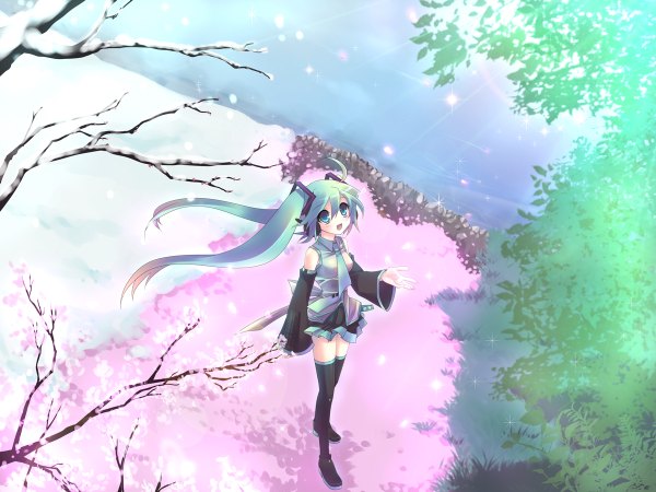 Anime picture 1200x900 with vocaloid hatsune miku tahya long hair twintails green hair girl thighhighs skirt plant (plants) detached sleeves petals tree (trees)