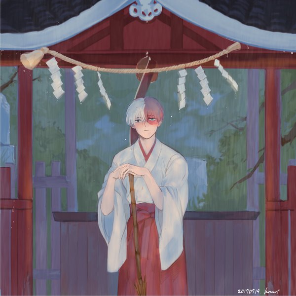 Anime picture 2048x2048 with boku no hero academia studio bones todoroki shouto imtangsun single looking at viewer fringe highres short hair blue eyes hair between eyes standing holding signed sky cloud (clouds) white hair red hair traditional clothes japanese clothes