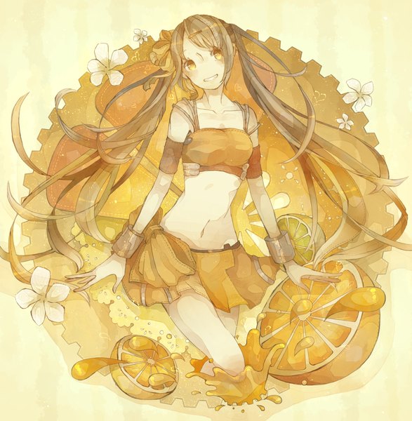 Anime picture 1402x1433 with arancia project original arancia mizutamari tori single long hair tall image simple background smile brown hair twintails yellow eyes teeth bare belly midriff yellow background girl navel hair ornament flower (flowers)