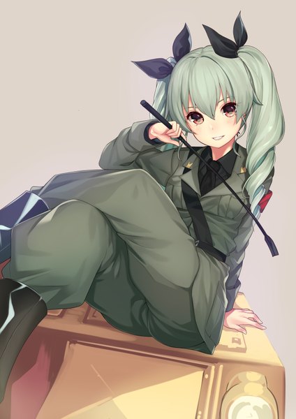 Anime picture 1265x1789 with girls und panzer anchovy (girls und panzer) kagematsuri single long hair tall image fringe red eyes sitting twintails grey hair crossed legs drill hair girl uniform bow hair bow military uniform riding crop