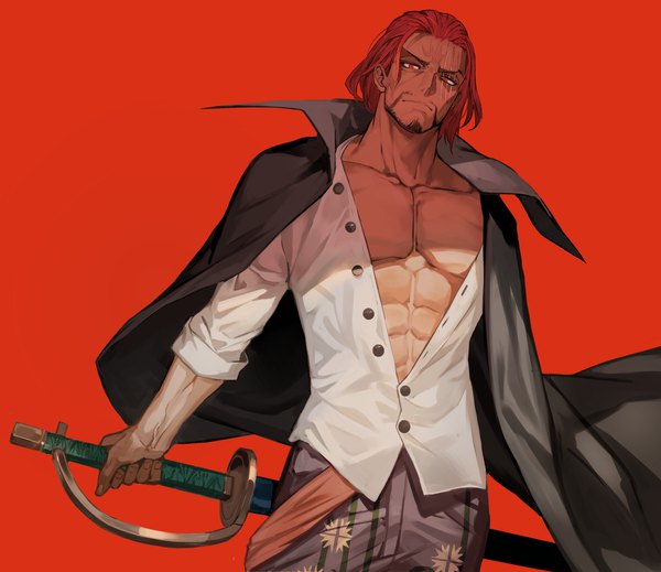 Anime picture 2937x2541 with one piece one piece: film red toei animation shanks lack single looking at viewer highres short hair simple background red eyes standing red hair scar red background muscle partially open clothes twisty sleeves abs boy