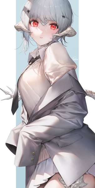 Anime-Bild 659x1299 mit final fantasy final fantasy xiv square enix au ra senchat single tall image looking at viewer fringe short hair simple background red eyes standing signed silver hair tail blunt bangs long sleeves pleated skirt horn (horns)