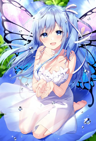 Anime picture 4550x6650 with original emori miku project emori miku masuishi kinoto single long hair tall image looking at viewer blush fringe highres breasts open mouth blue eyes smile hair between eyes large breasts sitting bare shoulders payot