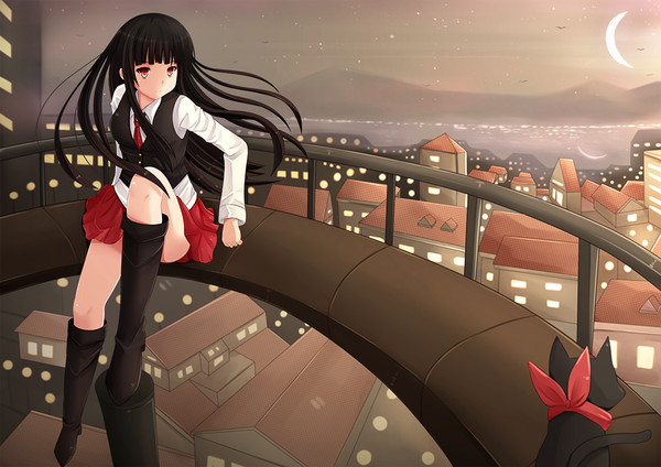 Anime picture 1024x724 with nichijou original kyoto animation sakamoto (nichijou) kazenokaze single long hair blush black hair red eyes sitting looking away sky reflection mountain crescent girl skirt ribbon (ribbons) animal