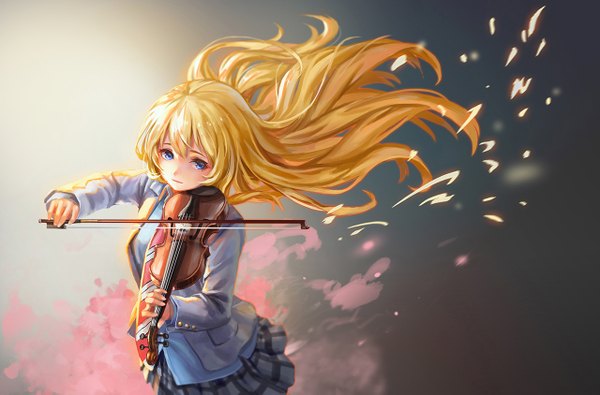 Anime picture 1280x843 with shigatsu wa kimi no uso a-1 pictures miyazono kaori rakuhei (artist) single long hair looking at viewer blue eyes blonde hair from above playing instrument girl uniform school uniform necktie musical instrument violin bow (instrument)