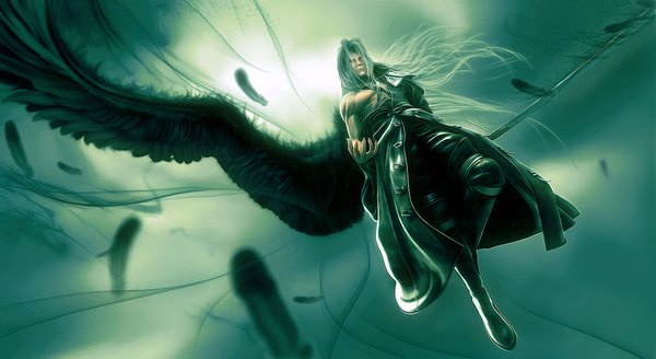 Anime picture 1800x985 with final fantasy vii advent children final fantasy final fantasy vii square enix sephiroth wen-jr single long hair highres wide image white hair black wings boy wings boots feather (feathers) coat
