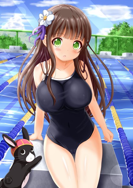 Anime picture 1000x1412 with gochuumon wa usagi desu ka? white fox ujimatsu chiya anko (gochiusa) zenon (for achieve) single long hair tall image looking at viewer blush fringe breasts light erotic brown hair large breasts sitting bare shoulders payot sky cloud (clouds)