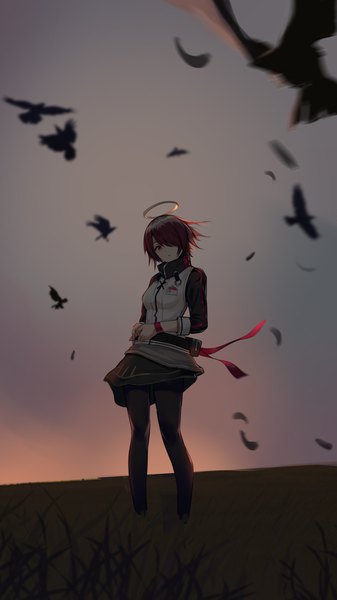Anime picture 2000x3556 with arknights exusiai (arknights) blackcat enjia single tall image looking at viewer fringe highres short hair red eyes standing outdoors red hair wind hair over one eye girl animal pantyhose black pantyhose bird (birds)