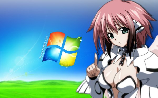 Anime picture 1920x1200 with sora no otoshimono windows (operating system) ikaros single highres short hair breasts light erotic brown hair wide image green eyes cleavage teeth fang (fangs) girl