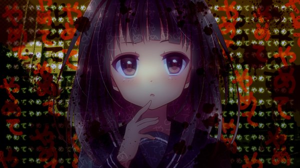 Anime picture 3200x1800 with original urara (sumairuclover) single long hair blush highres wide image brown eyes purple hair finger to mouth girl serafuku