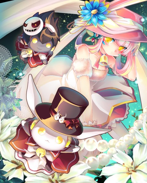 Anime picture 1653x2066 with elsword eve (elsword) sian (jred344) long hair tall image blush yellow eyes pink hair girl dress flower (flowers) hat bell bunny