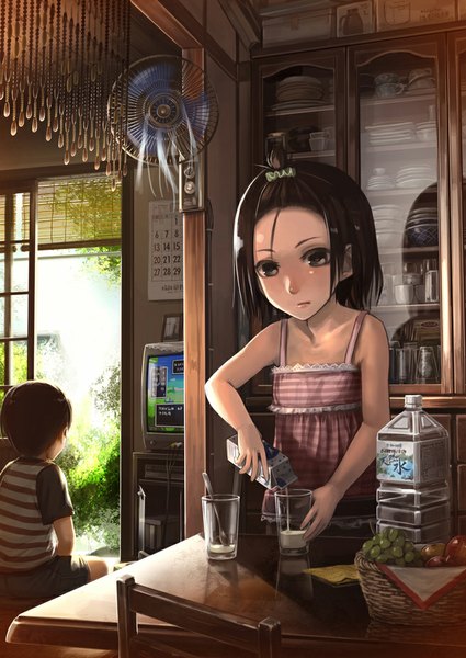 Anime picture 708x1000 with original lif (lif-ppp) tall image short hair brown hair sitting brown eyes indoors casual girl dress boy food shorts chair t-shirt table fruit bottle berry (berries)