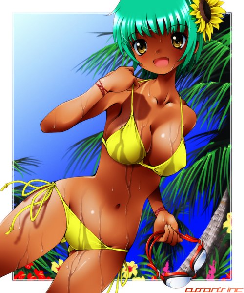 Anime picture 750x900 with original dr rex single tall image blush short hair breasts open mouth light erotic smile yellow eyes sky :d hair flower green hair wet tan tan lines girl navel