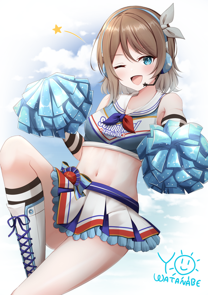 Anime-Bild 2894x4093 mit love live! sunshine!! sunrise (studio) love live! watanabe you kamesys single tall image looking at viewer blush fringe highres short hair breasts open mouth blue eyes light erotic smile hair between eyes bare shoulders sky