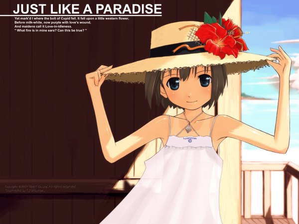 Anime picture 1389x1042 with original matsumae takumi single looking at viewer short hair blue eyes smile brown hair standing bare shoulders sky outdoors sunlight inscription shadow wallpaper girl dress navel flower (flowers)