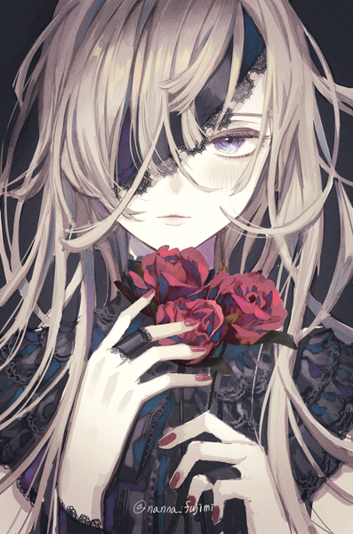 Anime picture 1192x1801 with original 778-go single long hair tall image looking at viewer fringe blue eyes blonde hair signed upper body nail polish hair over one eye twitter username red nail polish girl flower (flowers) rose (roses) eyepatch red rose