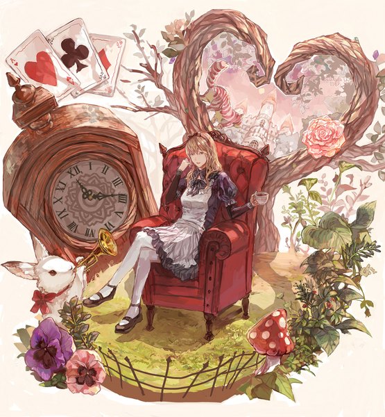 Anime picture 1900x2052 with alice in wonderland alice (wonderland) white rabbit cheshire cat tanukiudon-umai (artist) long hair tall image highres blonde hair brown eyes dress flower (flowers) bow plant (plants) tree (trees) heart clock cup musical instrument bunny